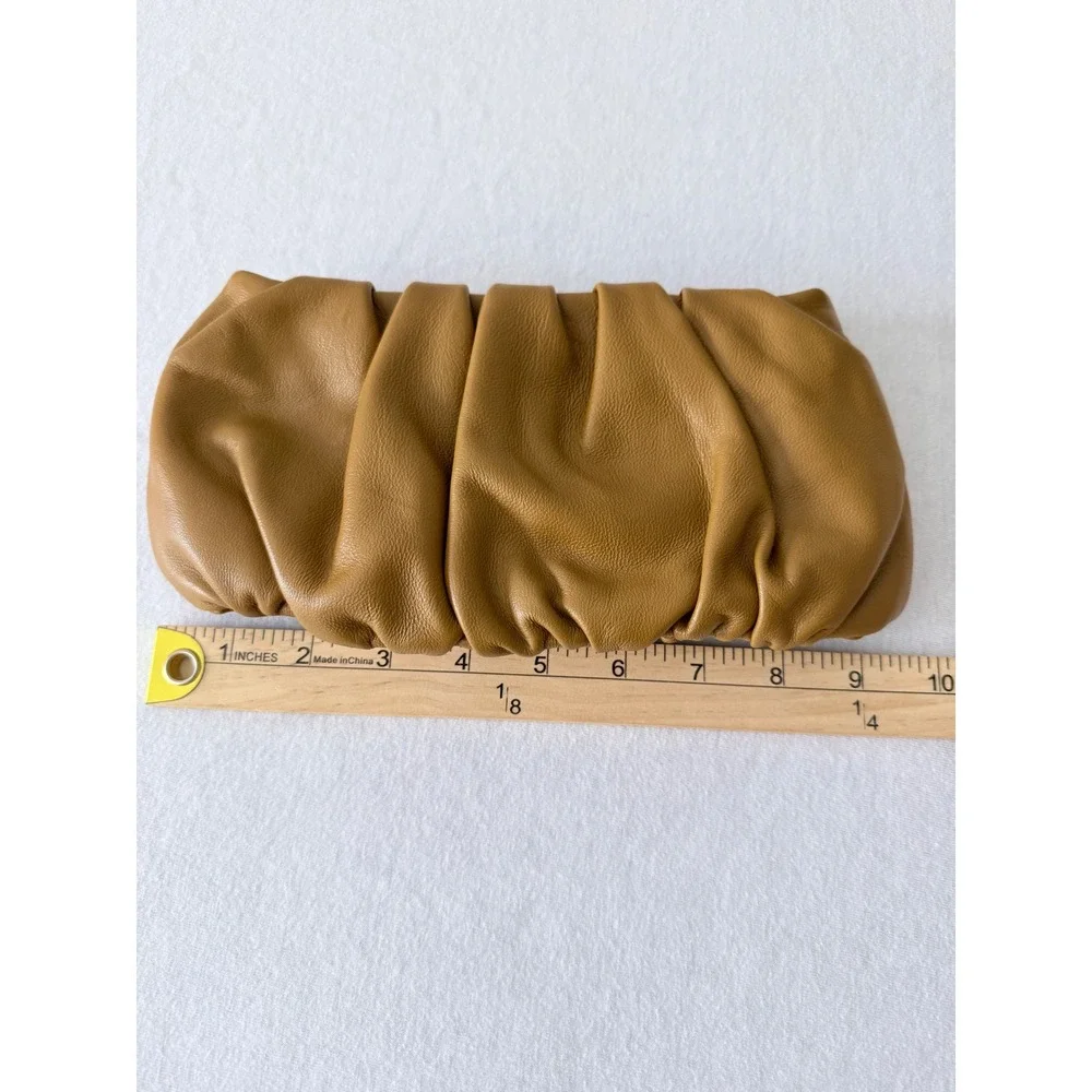 STAUD Bean Bag Clutch Women Small Tan Brown Ruched Leather Pleated NO STRAP